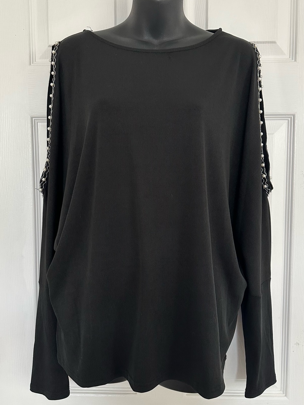 Daytrip Black Cold-Shoulder Shirt with Pearl Chain Trim